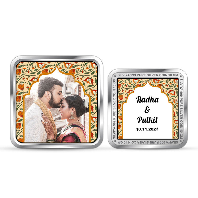 Personalized 999 pure silver square wedding coin with couple photo — best custom wedding gift by Silviya.