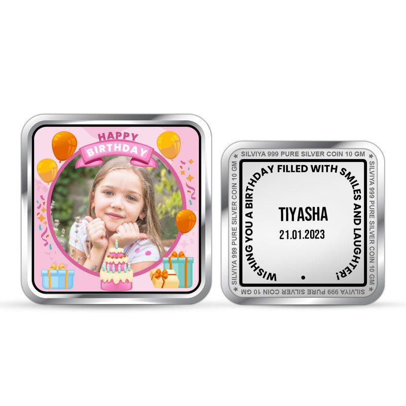 Front and backside of square 999 pure silver personalised little girl birthday coin.
