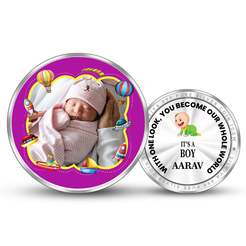 Front and backside of round 999 pure silver personalised new born baby boy coin.
