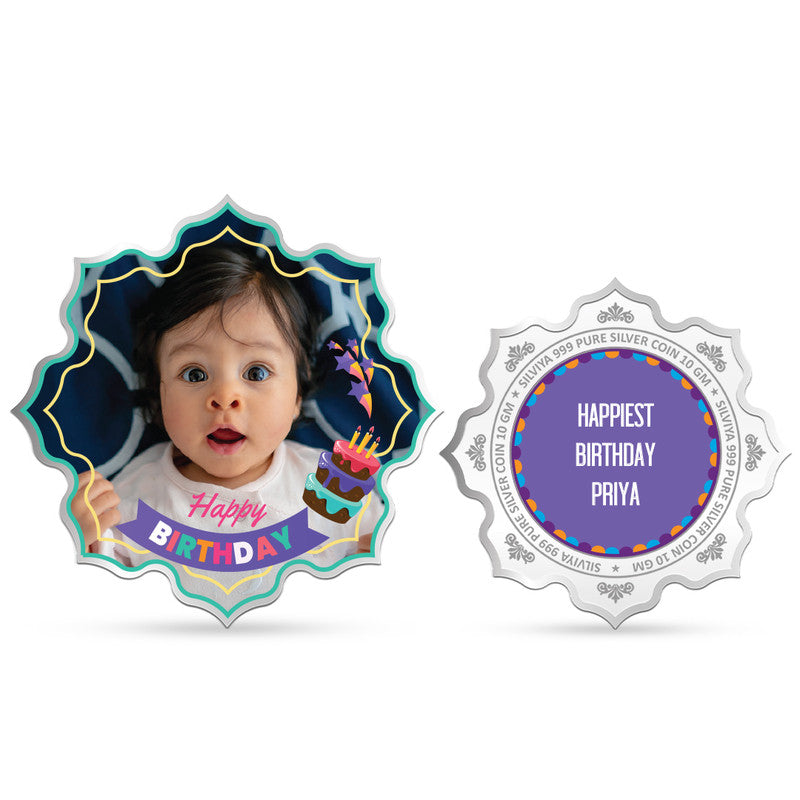 Front and backside of lotus-shaped 999 pure silver customised birthday star coin.