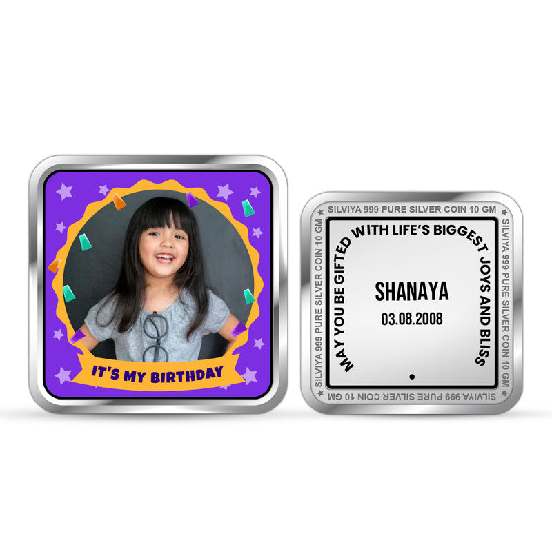 Front and backside of square 999 pure silver personalised little boy birthday coin