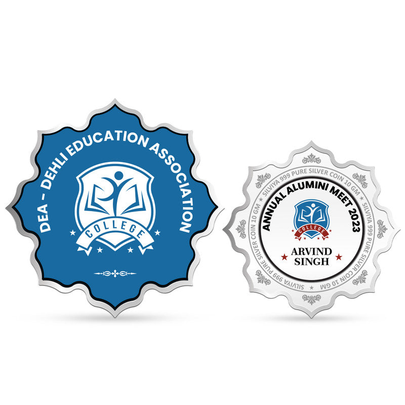 Front and backside of lotus-shaped 999 pure silver customised alumni reunion coin.