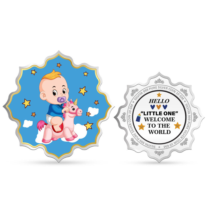 Front and backside of lotus-shaped 999 pure silver new born baby welcome coin.
