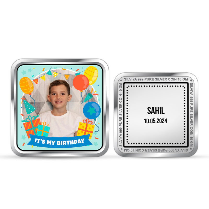 Front and backside of personalised 999 silver birthday coin, square shape.