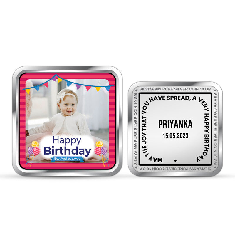 Front and backside of square 999 pure silver personalised precious birthday coin.