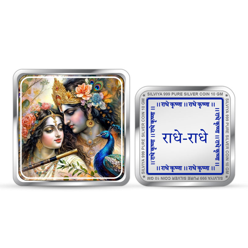 Radha Krishna Mor Pankh 999 Pure Silver Square Coin – Front and Back View