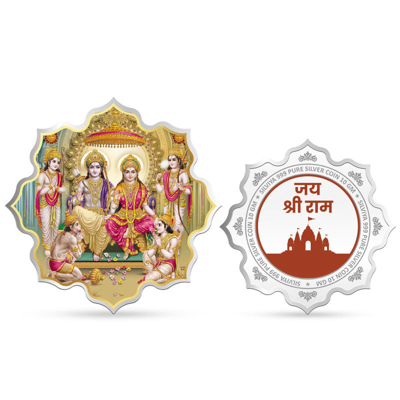 Shri Ram Darbar 999 Pure Silver Lotus-Shaped Coin – Front and Back View