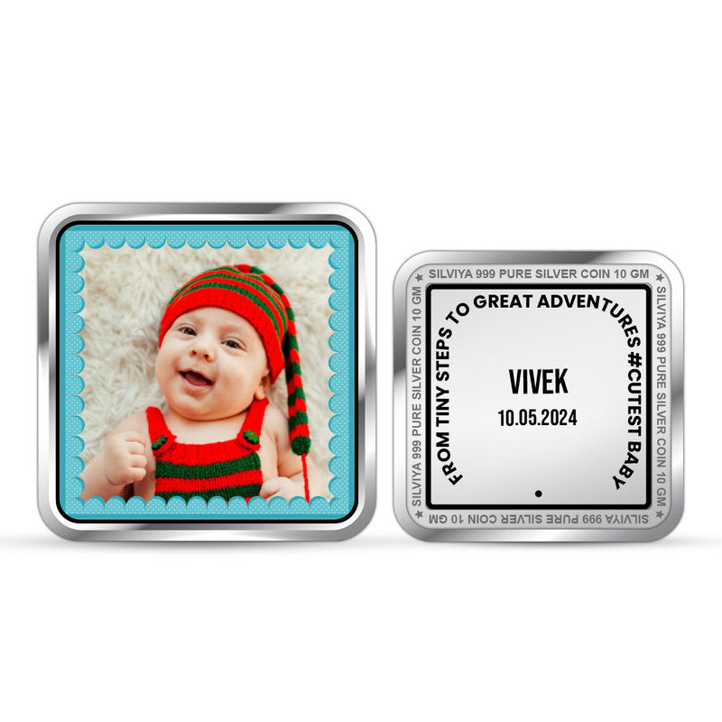 Front and backside of square 999 pure silver Bundle of Joy customised coin.