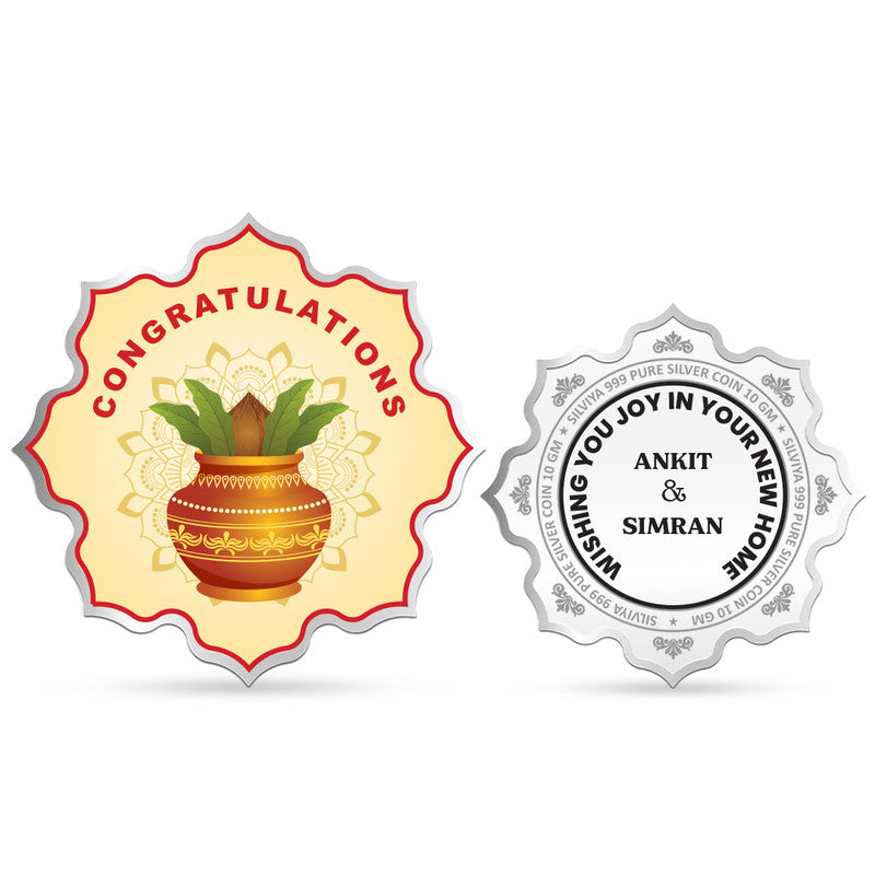 Front and backside of lotus-shaped 999 pure silver customised house inauguration coin.”