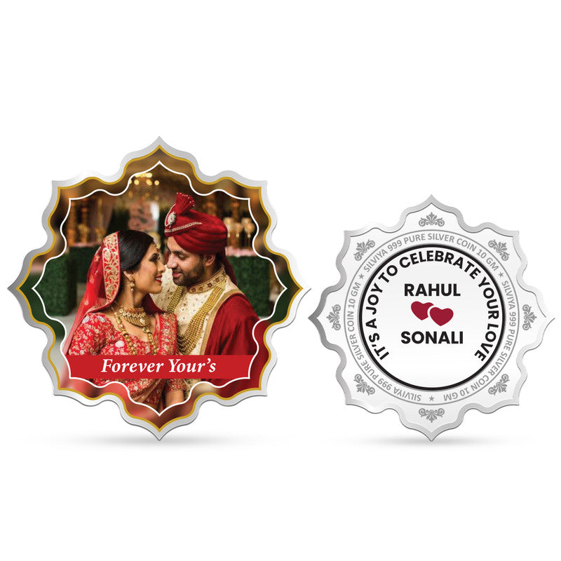 Customized 999 pure silver lotus-shaped wedding special coin with couple photo — premium personalized gift by Silviya.