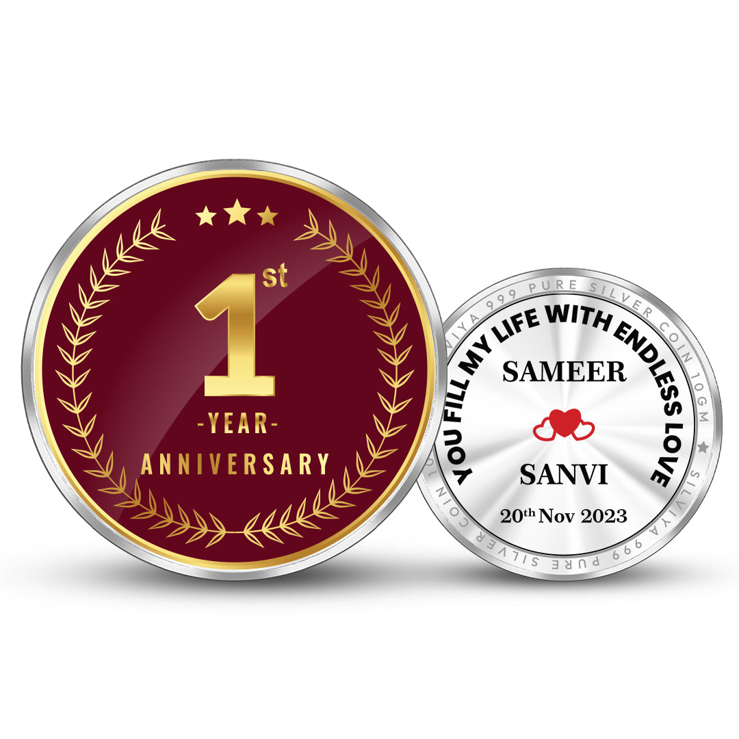 Personalized 1st Anniversary 999 Pure Silver Round Coin – Front and Back View