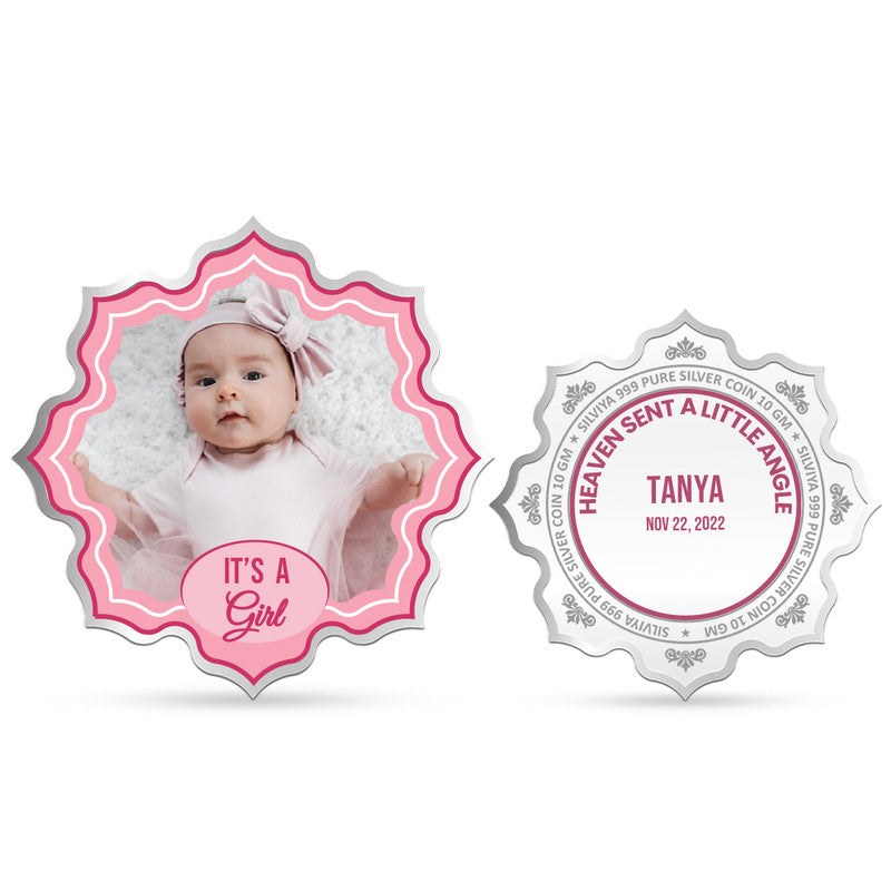 Front and backside of lotus-shaped 999 pure silver Celebrate New Life customised coin.