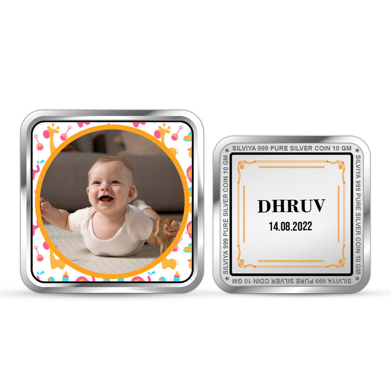 Front and backside of square 999 pure silver customised new baby Pure Joy coin.