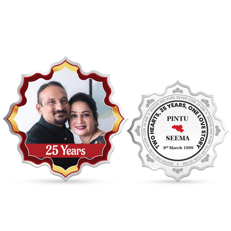 Customized 25th Anniversary 999 Pure Silver Coin with Lotus Design and Couple Photo