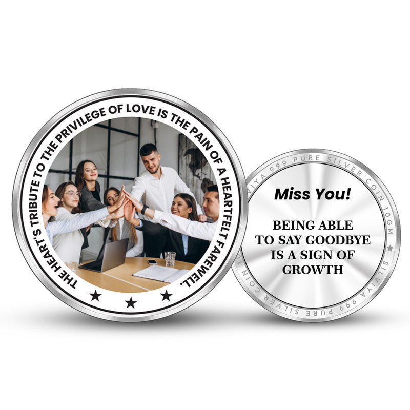 Front and backside of round 999 pure silver personalised office farewell coin.