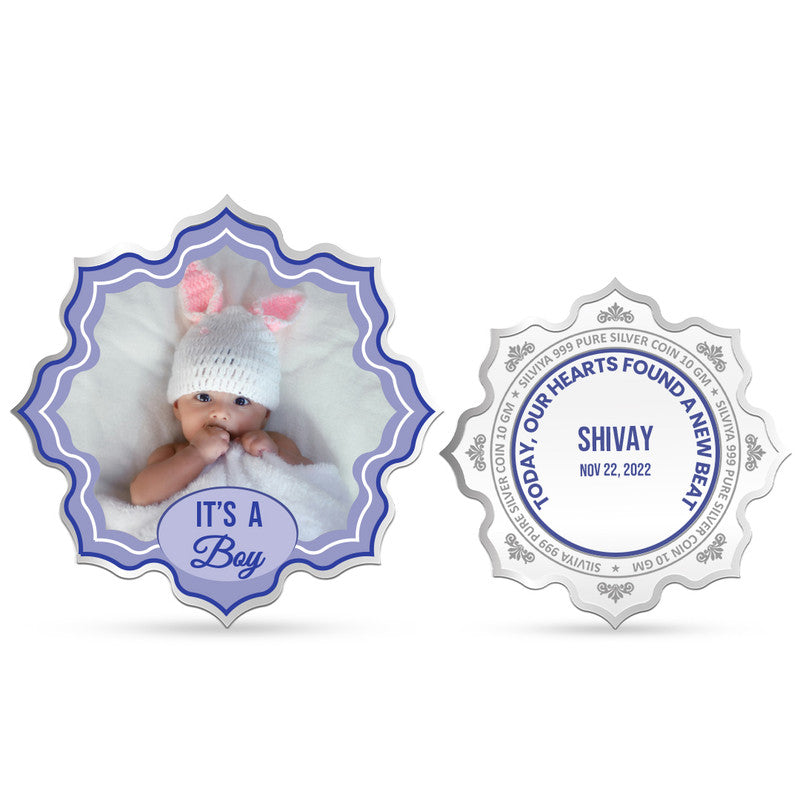 Front and backside of lotus-shaped 999 pure silver Baby’s First Treasure customised coin.