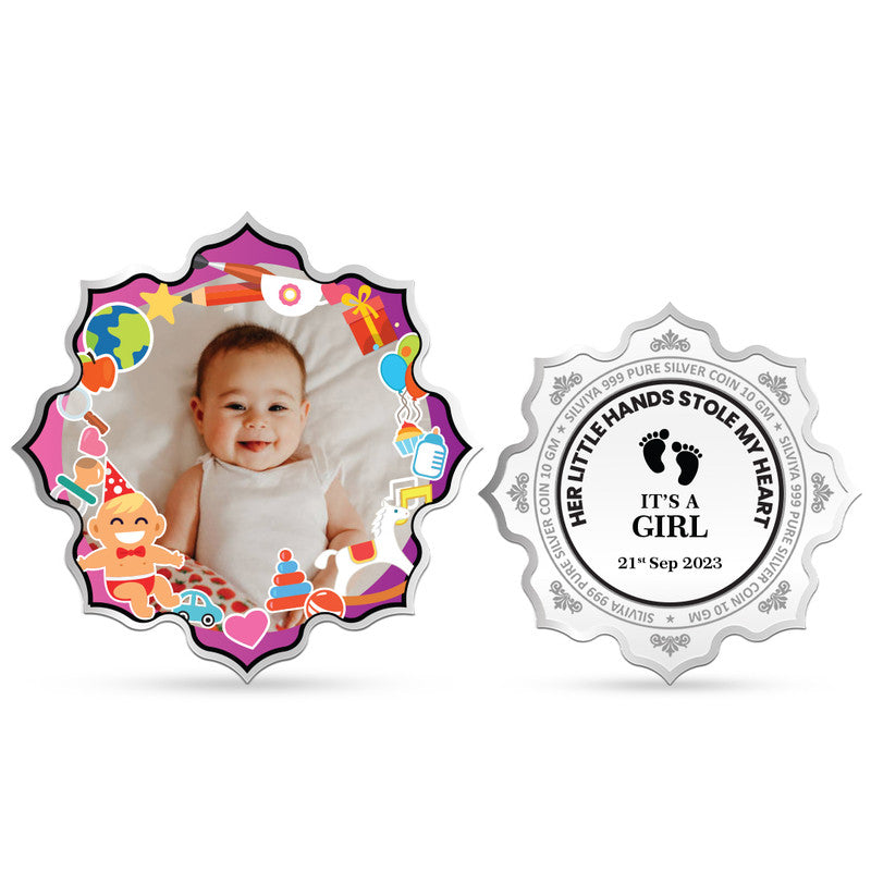 Front and backside of lotus-shaped 999 pure silver precious keepsake baby girl coin.