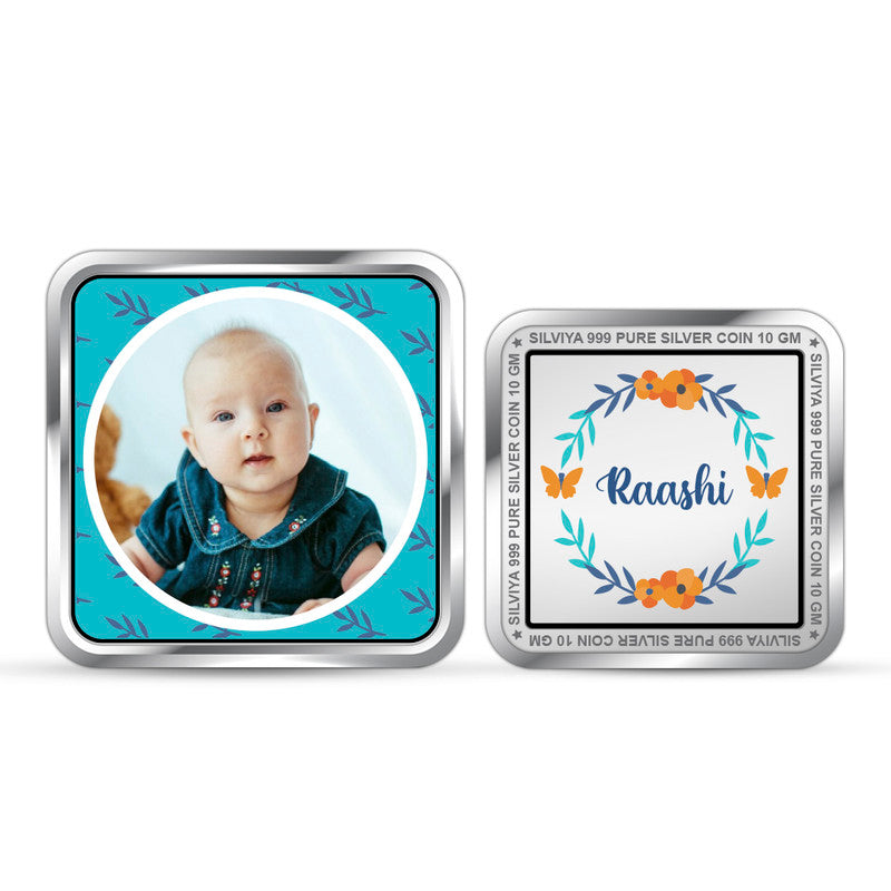 Front and backside of square 999 pure silver Baby’s First Treasure customised coin.