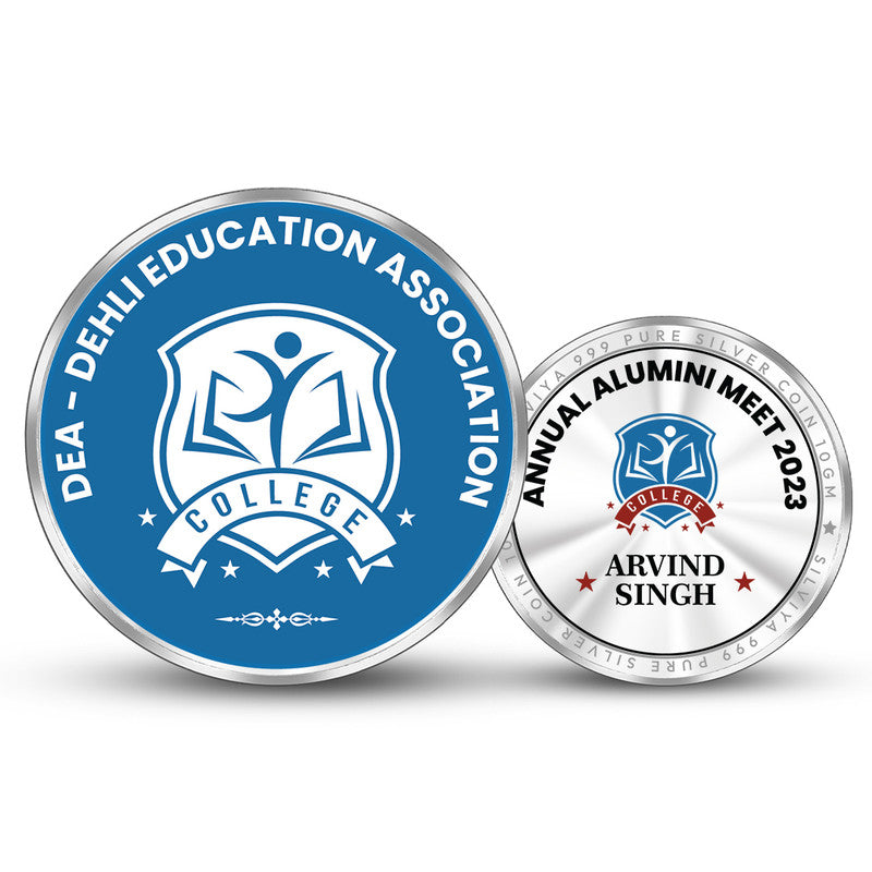 Front and backside of round 999 pure silver personalised alumni reunion coin.