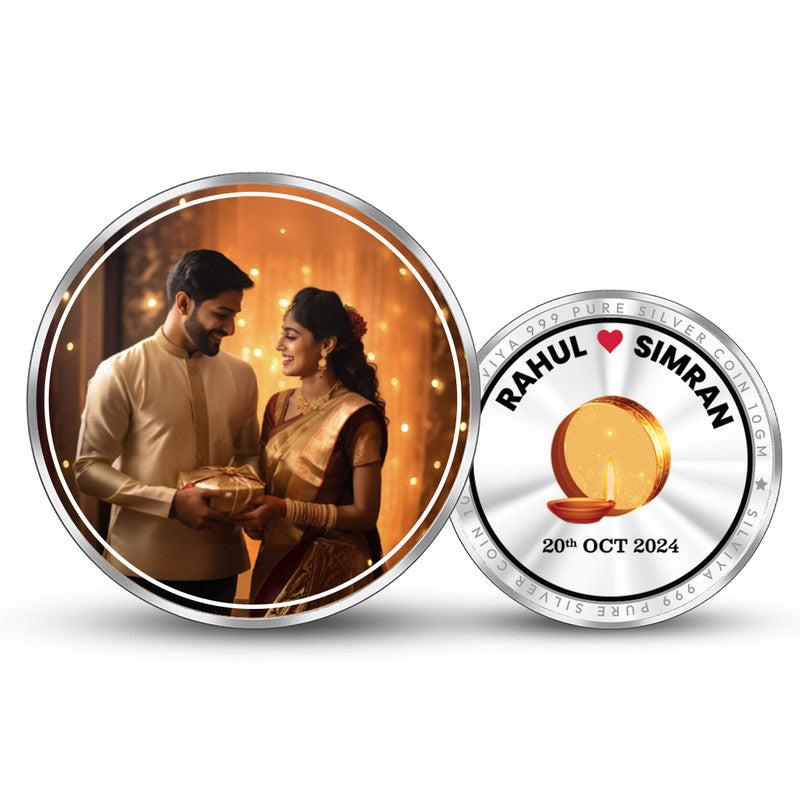 Karva Chauth Special Personalized 999 Pure Silver Round Coin with Couple Photo