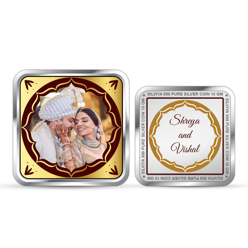Personalized 999 pure silver square wedding special coin with couple photo — premium customized gift by Silviya