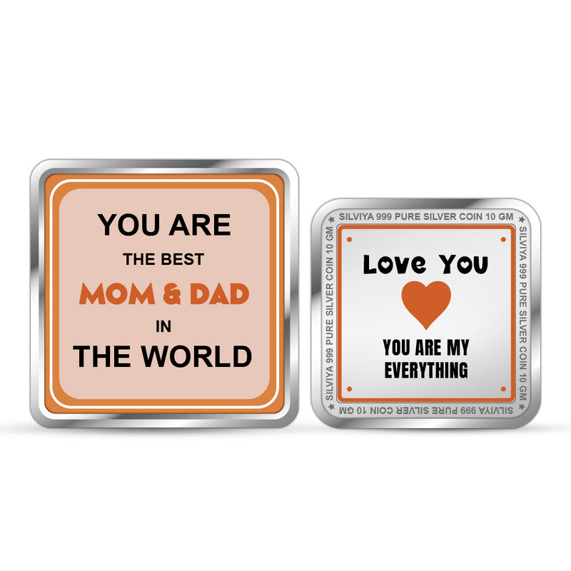 Front and backside of square 999 pure silver Best Mom and Dad gift coin