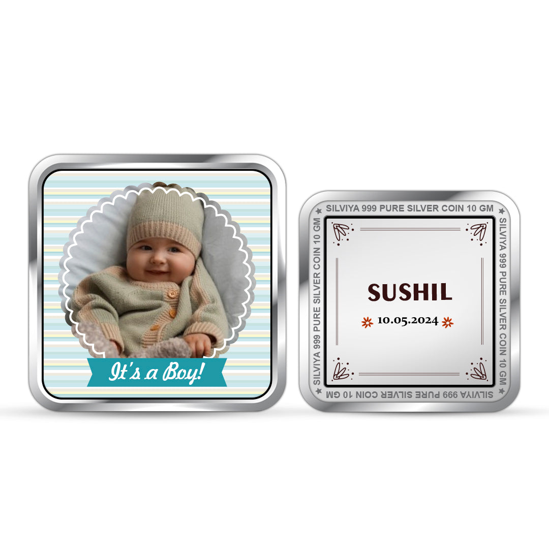 Front and backside of square 999 pure silver personalised new born baby boy coin.