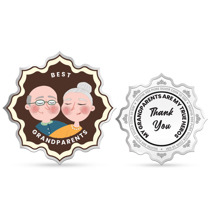 Front and backside of lotus-shaped 999 pure silver Best Grandparents gift coin.