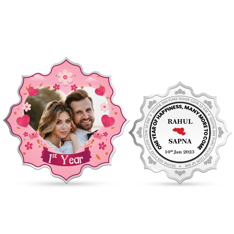 Customized First Anniversary 999 Pure Silver Coin with Lotus Design and Couple Photo