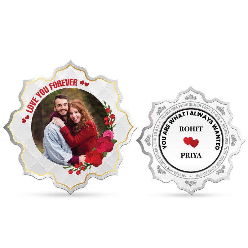 Front and backside of lotus-shaped 999 pure silver Forever Together keepsake coin.