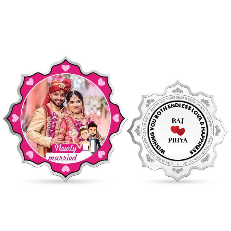 999 pure silver lotus-shaped wedding memento coin with personalized couple photo — special wedding keepsake by Silviya.