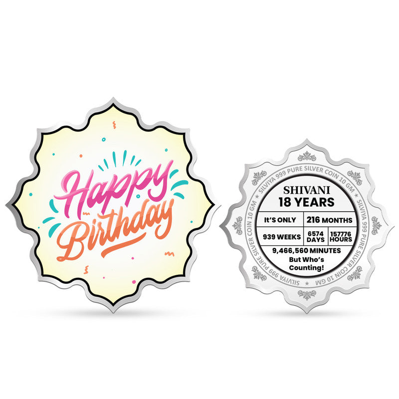 Front and backside of lotus-shaped 999 pure silver customised unique birthday coin.