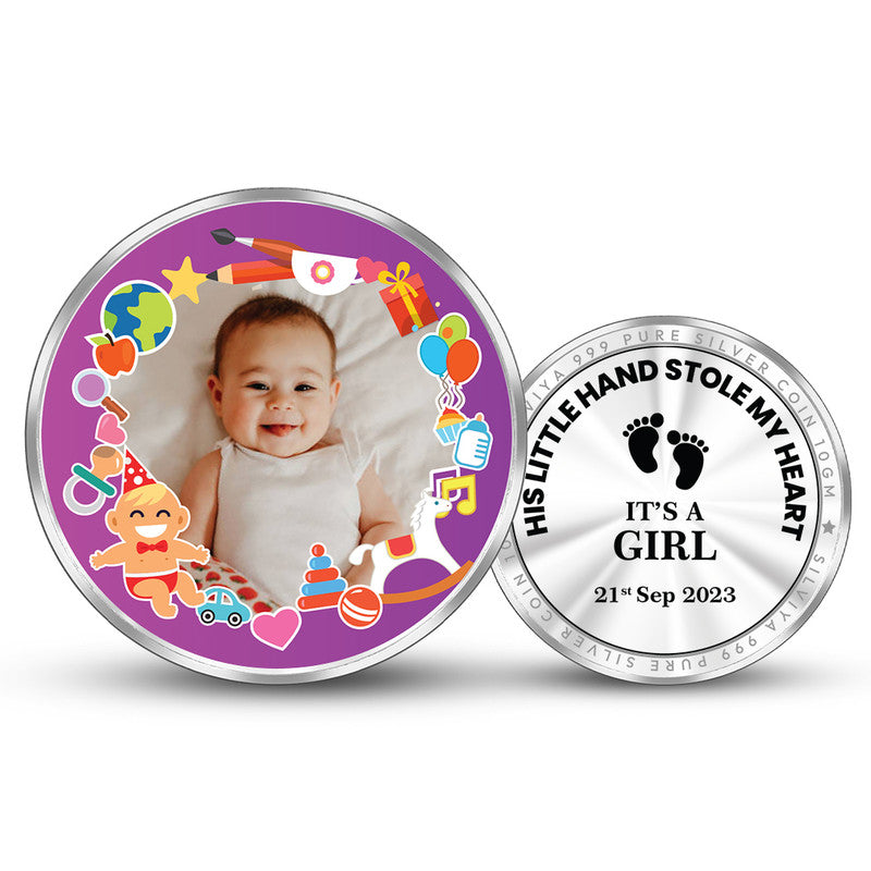 Front and backside of round 999 pure silver precious keepsake baby girl coin.