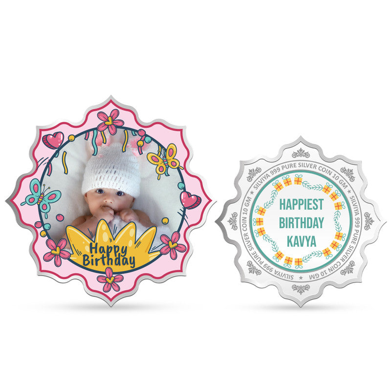 Front and backside of lotus-shaped 999 pure silver birthday coin titled A Gift of Love.