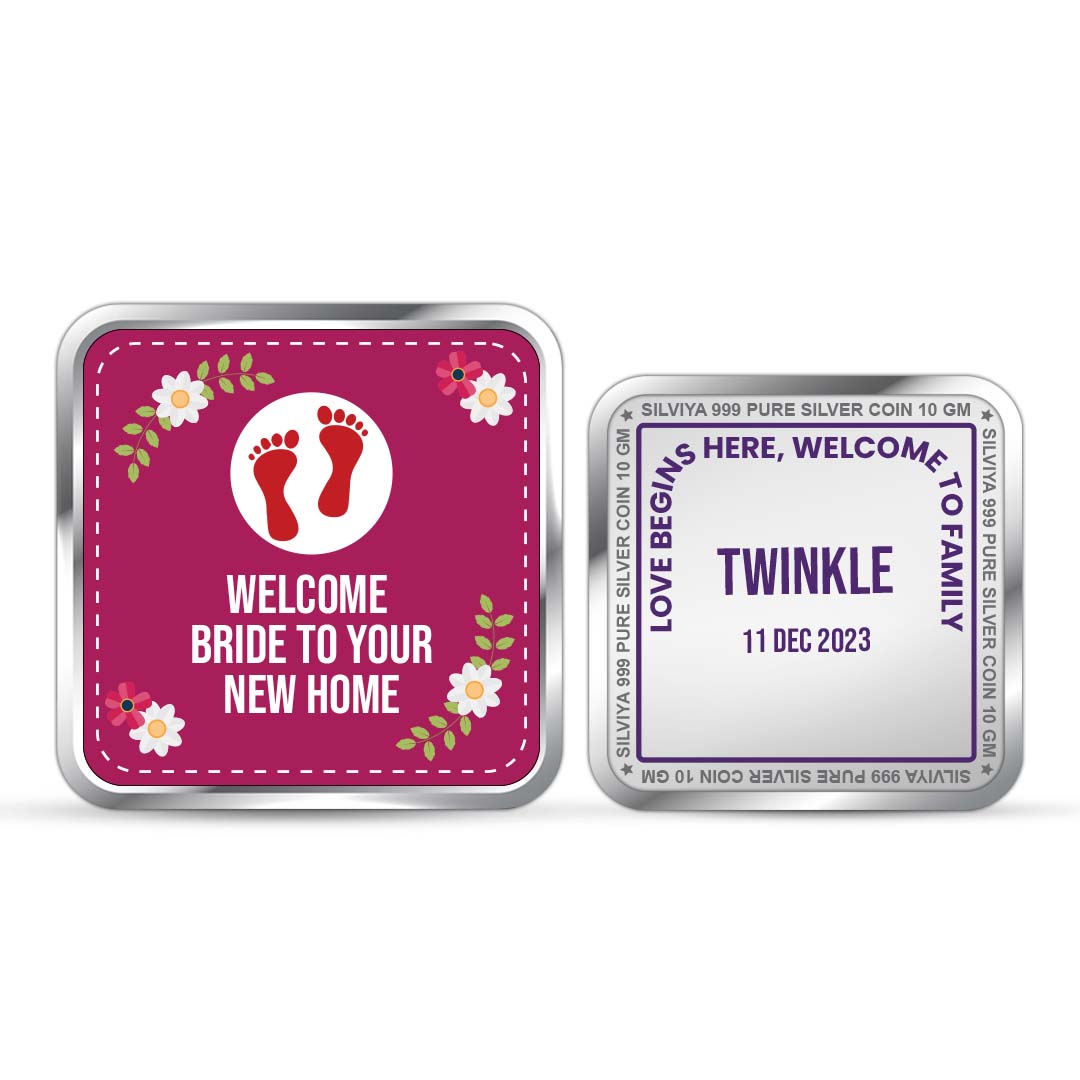 Personalized New Bride Welcome 999 pure silver square coin with decorative artwork — premium custom gift by Silviya.