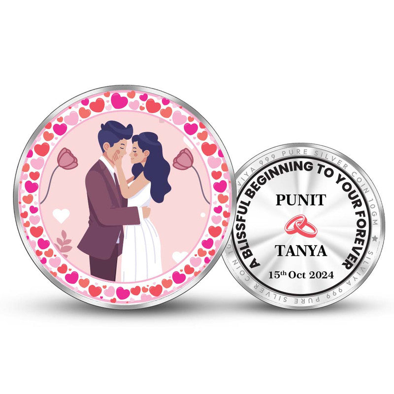 Personalized 999 pure silver round wedding gift coin with couple photo — custom wedding keepsake by Silviya.