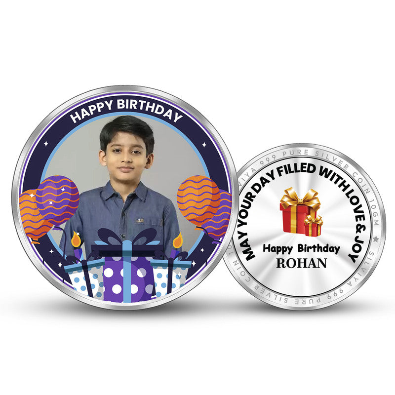 Front and backside of round 999 pure silver personalised birthday coin.