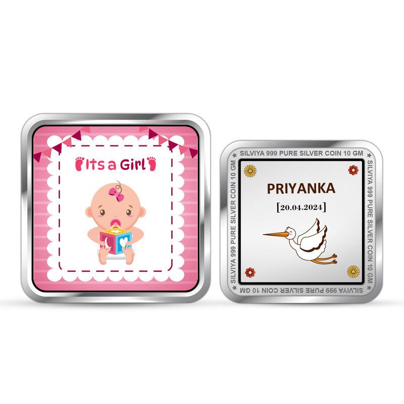 Front and backside of square 999 pure silver precious keepsake baby girl coin.
