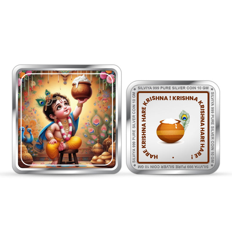 Little Krishna Ji 999 Pure Silver Square Coin – Front and Back View