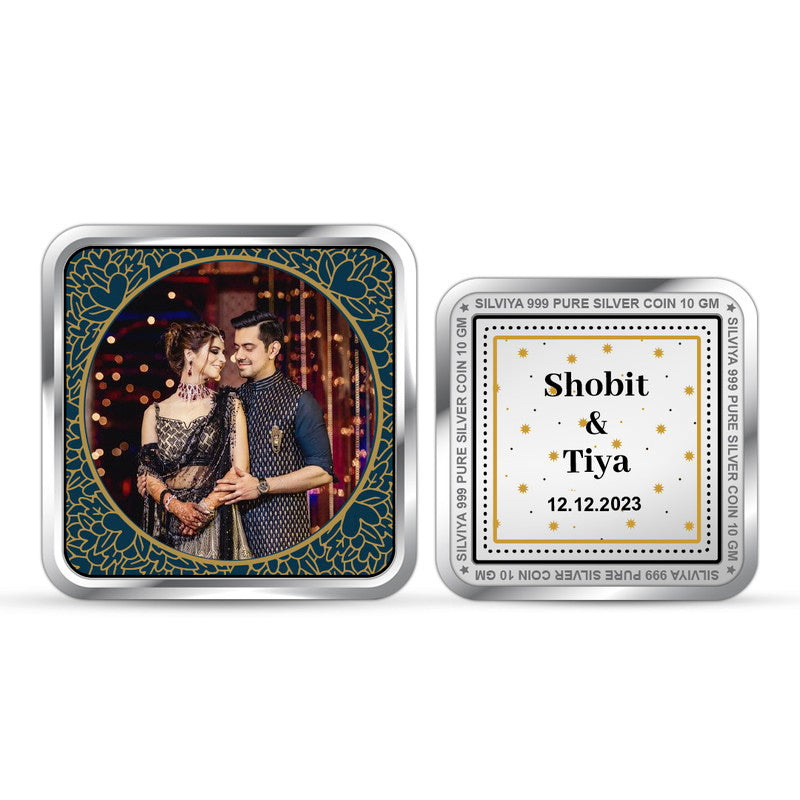 Personalized 999 pure silver square luxury wedding gift coin with couple photo — premium custom keepsake by Silviya