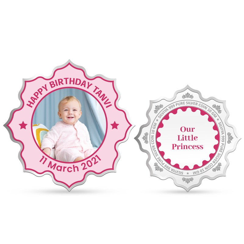 Front and backside of lotus-shaped 999 pure silver customised little girl birthday coin.