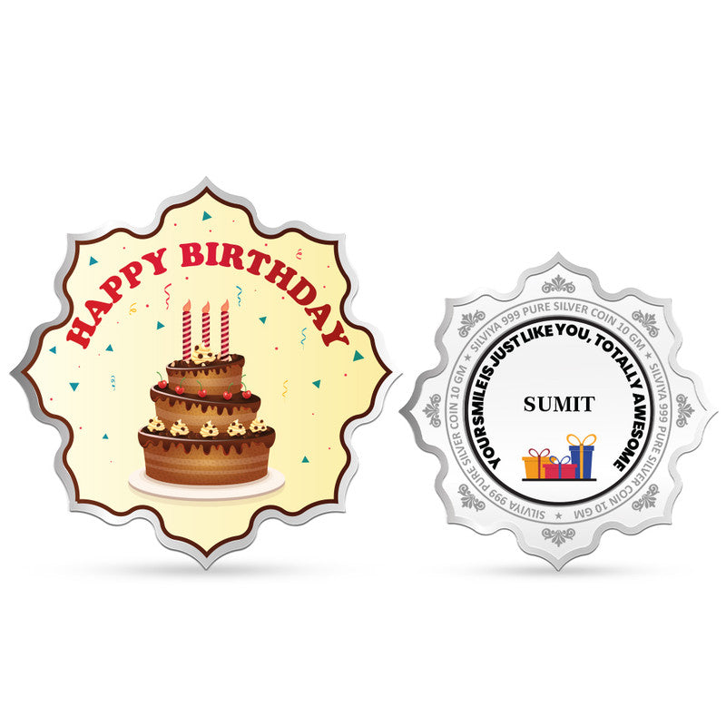 Front and backside of lotus-shaped 999 pure silver customised precious birthday coin.