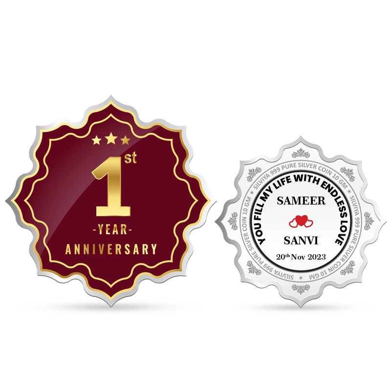 Customized 1st Anniversary 999 Pure Silver Coin with Lotus Design and Couple Photo