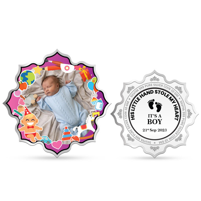 Front and backside of lotus-shaped 999 pure silver precious keepsake baby boy coin.