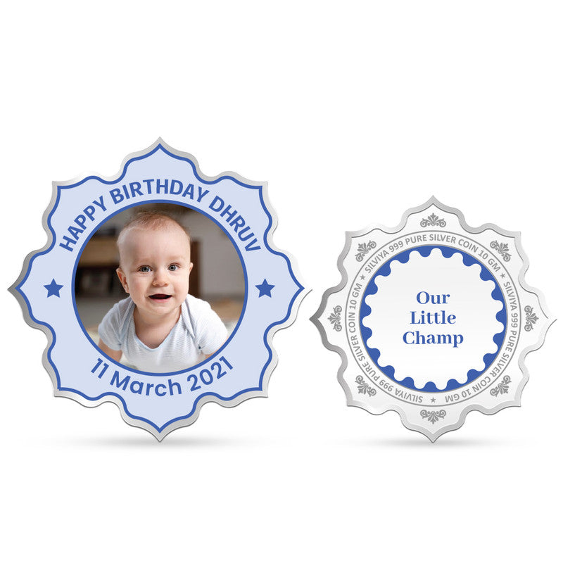 Front and backside of lotus-shaped 999 pure silver customised little boy birthday coin.”