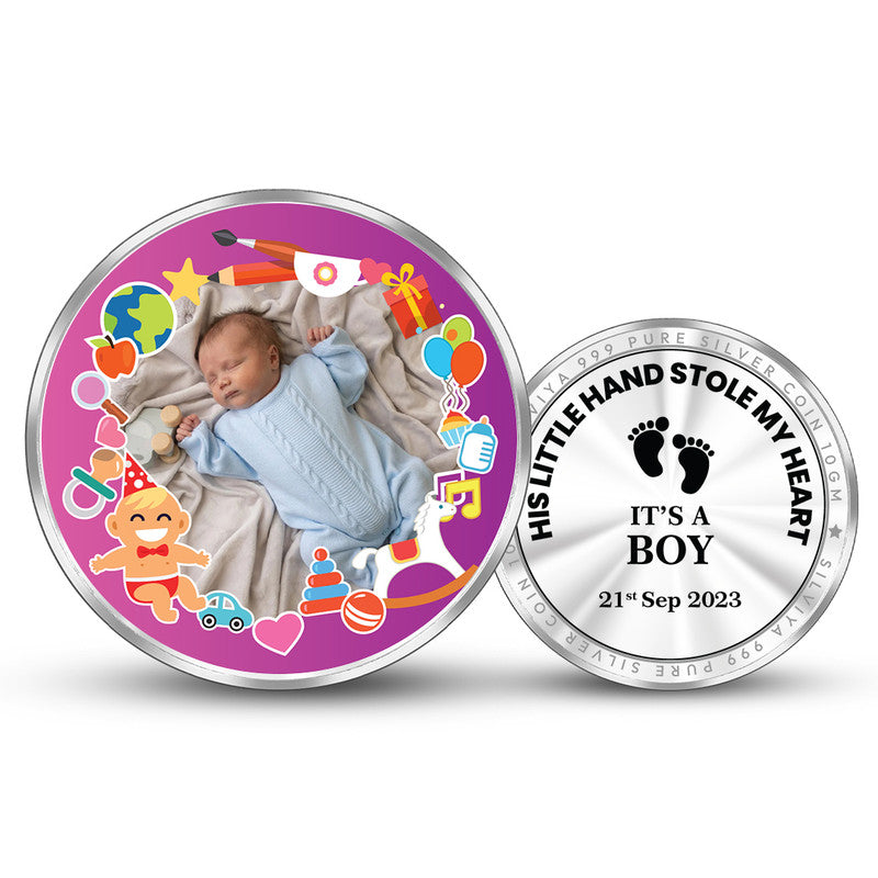 Front and backside of round 999 pure silver precious keepsake baby boy coin.