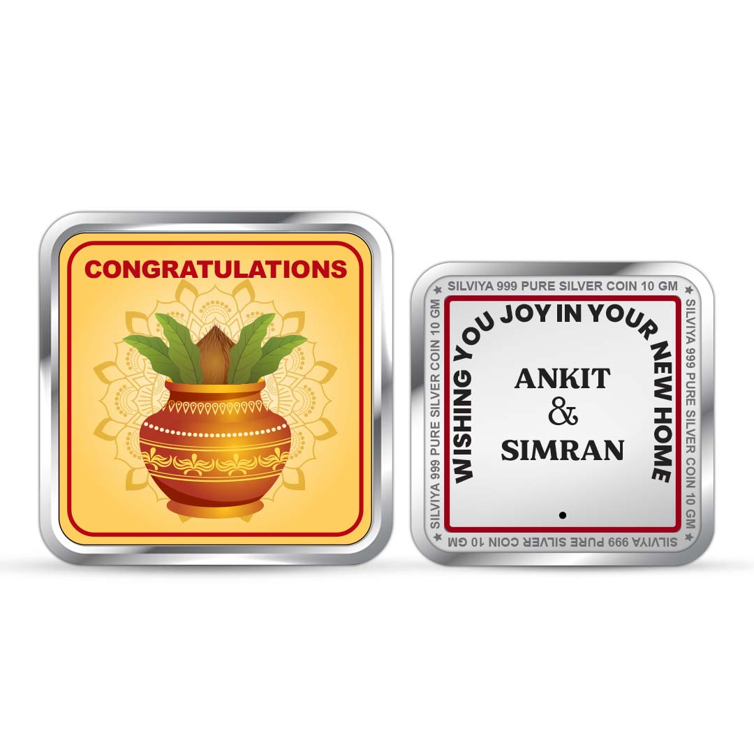 Front and backside of square 999 pure silver personalised house inauguration coin.