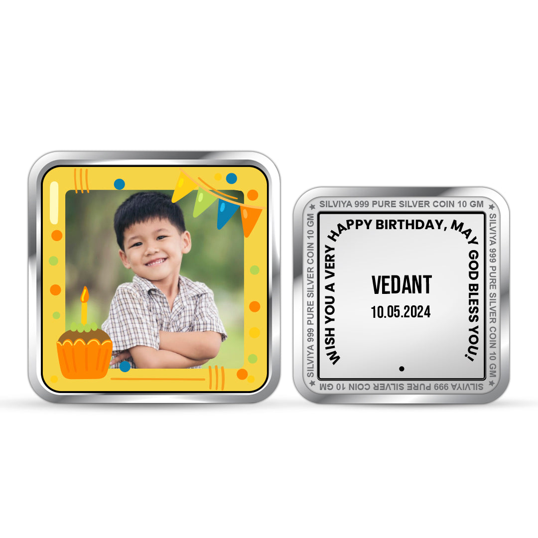 Front and backside of square 999 pure silver A Gift of Love birthday coin.