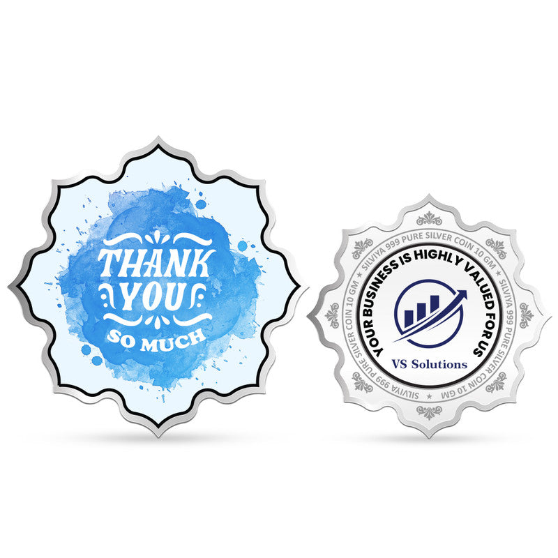 Front and backside of lotus-shaped 999 pure silver customised business thank you coin.