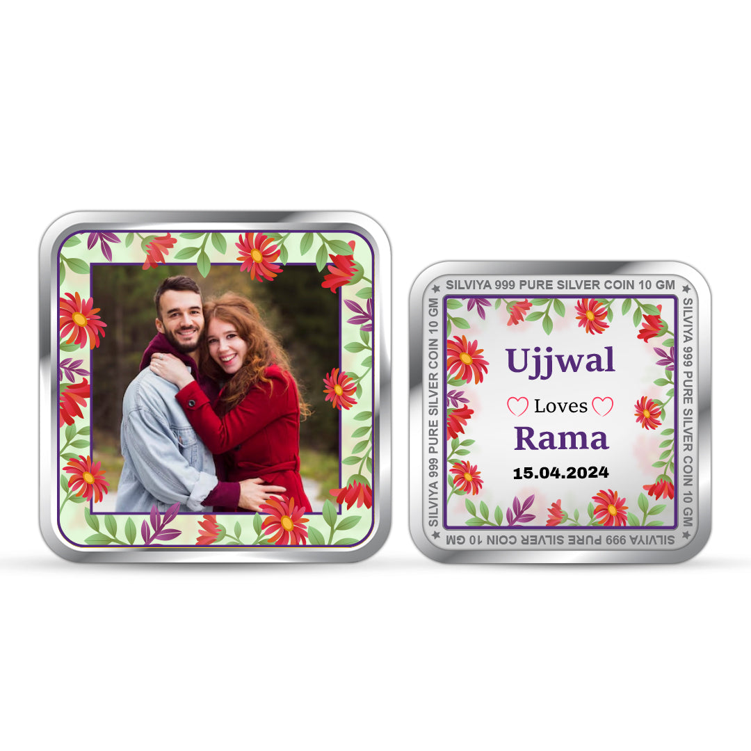 Personalized Anniversary Unique 999 Pure Silver Square Coin with Couple Photo